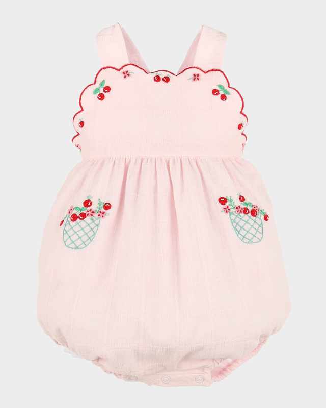 Girl's Cherry Embroidered Bubble Romper, Size 6M-18
